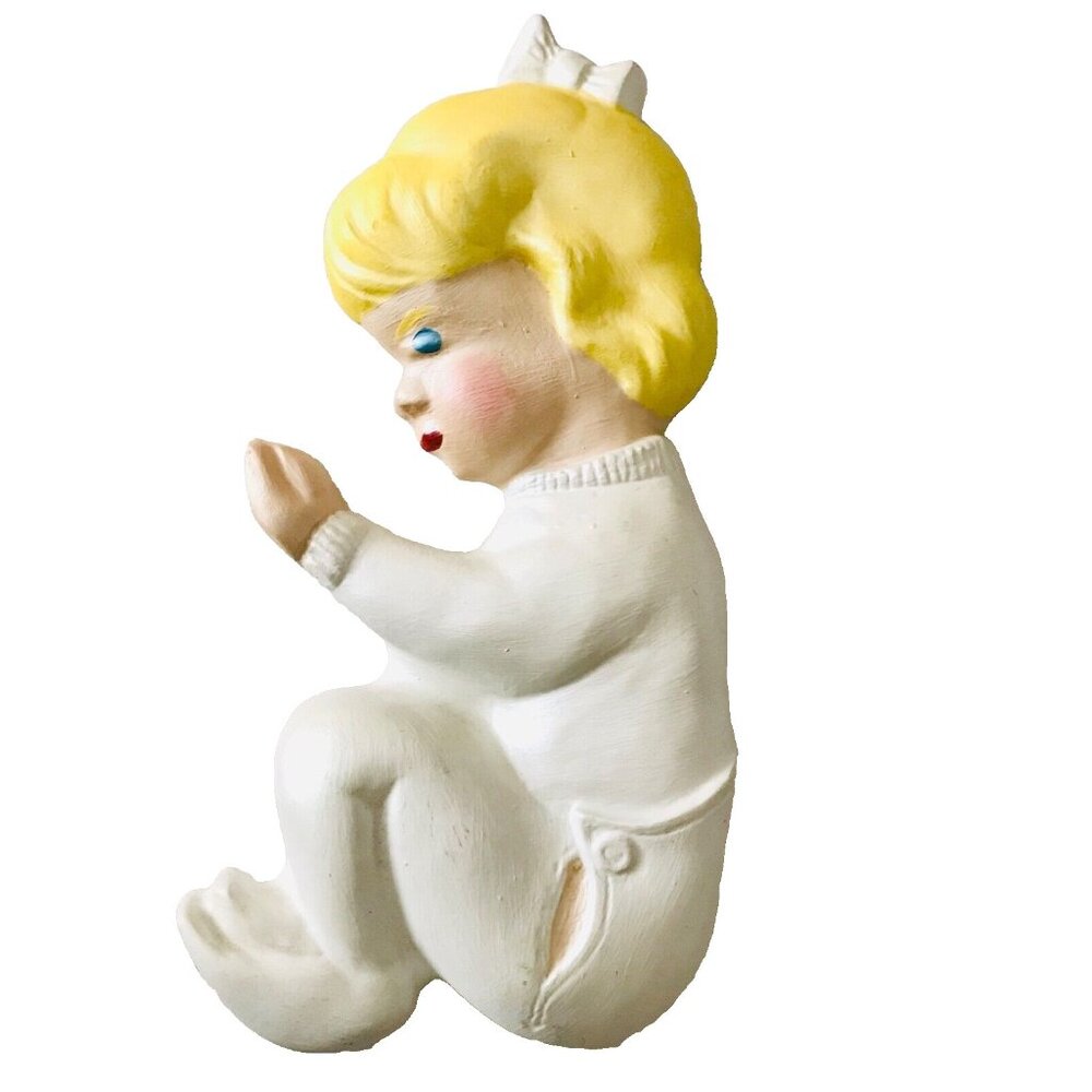 Vintage Chalkware Nursery Decor Baby Child Wall Hanging Plaster White Yellow 12"